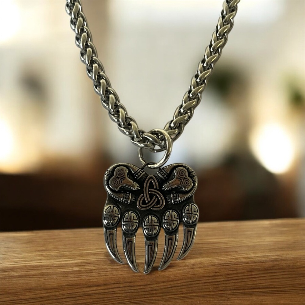 Men's 316L Surgical Stainless Steel Norse Viking Bear Claw Pendant Necklace